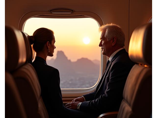 Refined couple admiring a panoramic view from a luxury private jet