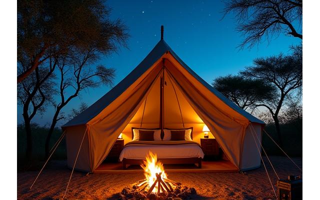 Elegant canvas tented safari camp setup at dusk, with ambient lighting and fire pit under starry sky.