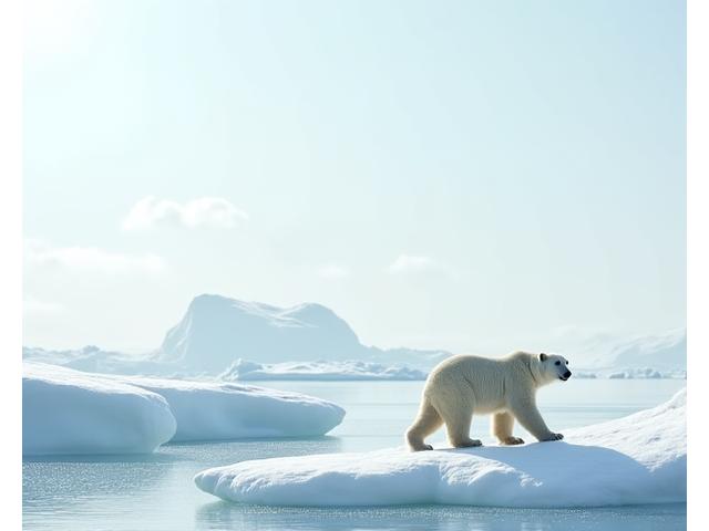 Polar bear walking on an ice floe in the Arctic, with vast, stark white landscape.
