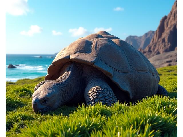Giant tortoise grazing on lush vegetation in the Galapagos Islands under clear blue sky.