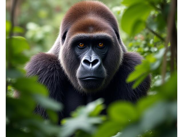 Mountain gorilla in the lush Volcanoes National Park, Rwanda, with deep green foliage.