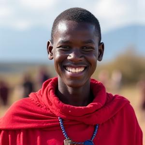 Local Tanzanian Maasai guide in traditional attire, smiling, with a village background.