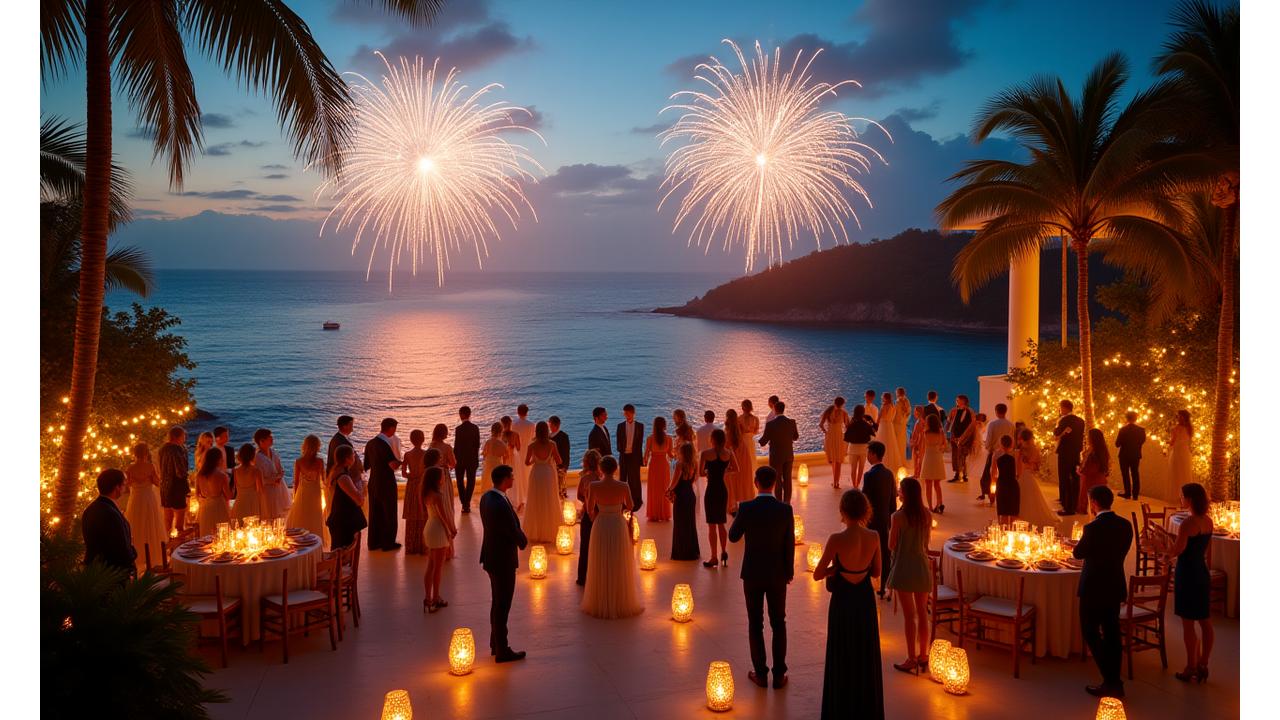 Luxurious private island celebration with fireworks and well-dressed guests
