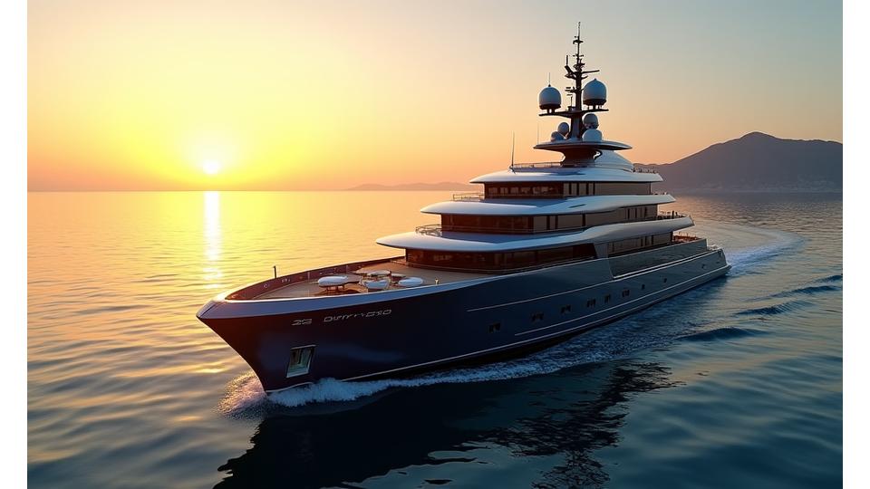 Elegant superyacht cruising on clear blue waters at sunset