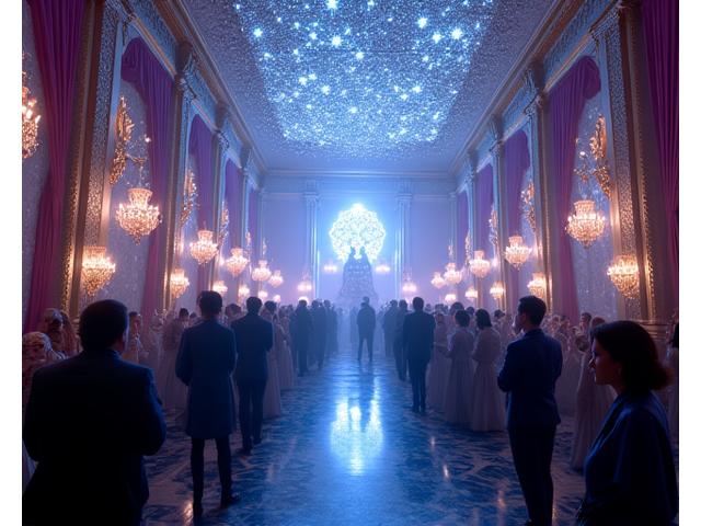 Elaborate themed party with costumed guests in a grand ballroom