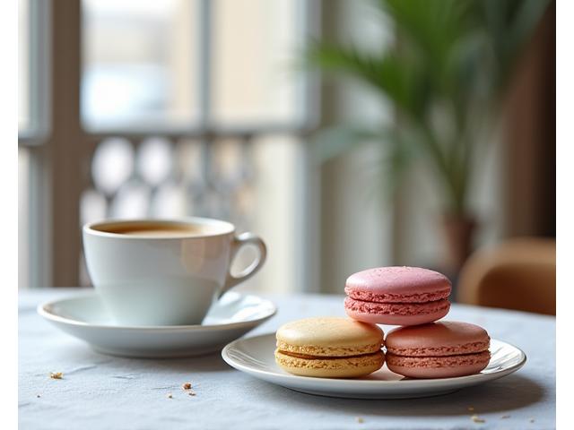 Elegantly presented French macaroons and coffee in a Parisian cafe.