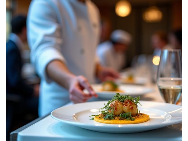 A private chef presenting a dish at an elegant chef's table experience