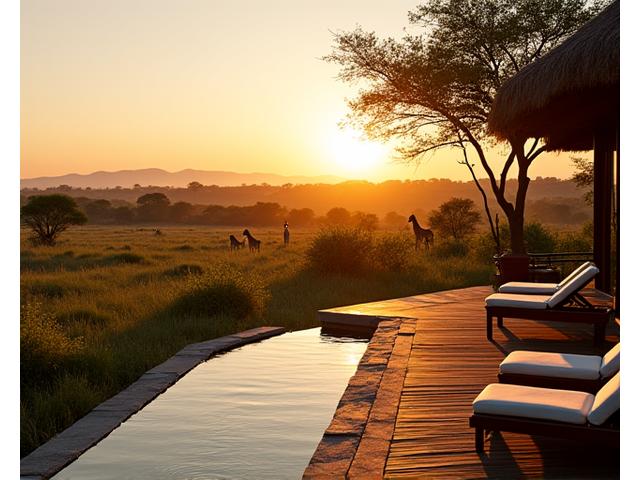 Luxurious safari lodge overlooking a watering hole with wildlife visible