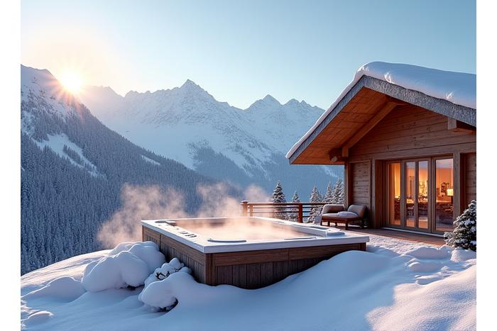 Chic wooden chalets nestled in snow-covered Swiss Alps with breathtaking views