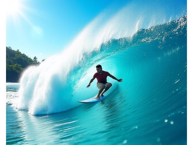 Surfer riding a large, perfect wave in a clear blue ocean