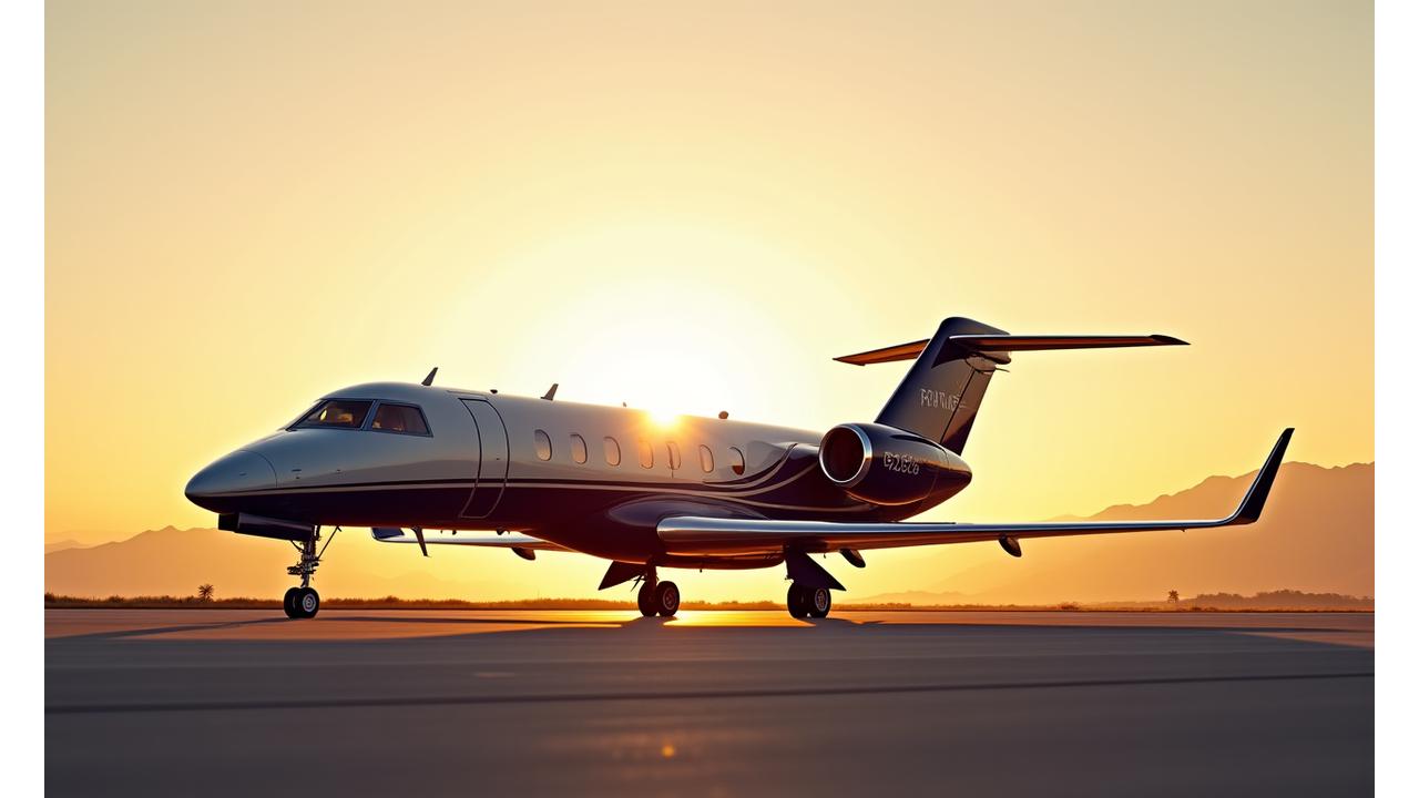 Luxury private jet parked on a runway with mountains in the background, showcasing its sleek design and spacious interior.