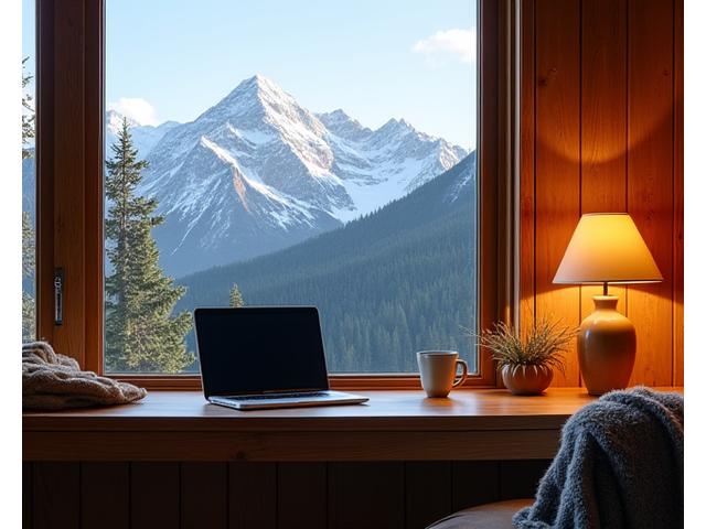 Luxury mountain chalet with vast windows and a comfortable workspace