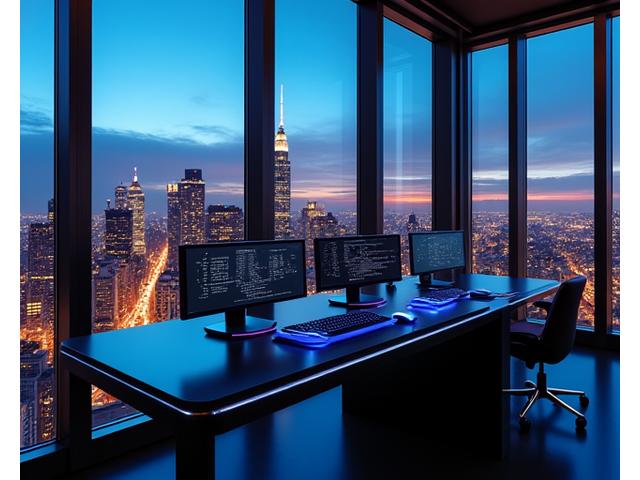 Modern urban penthouse with a high-tech work setup and city skyline views