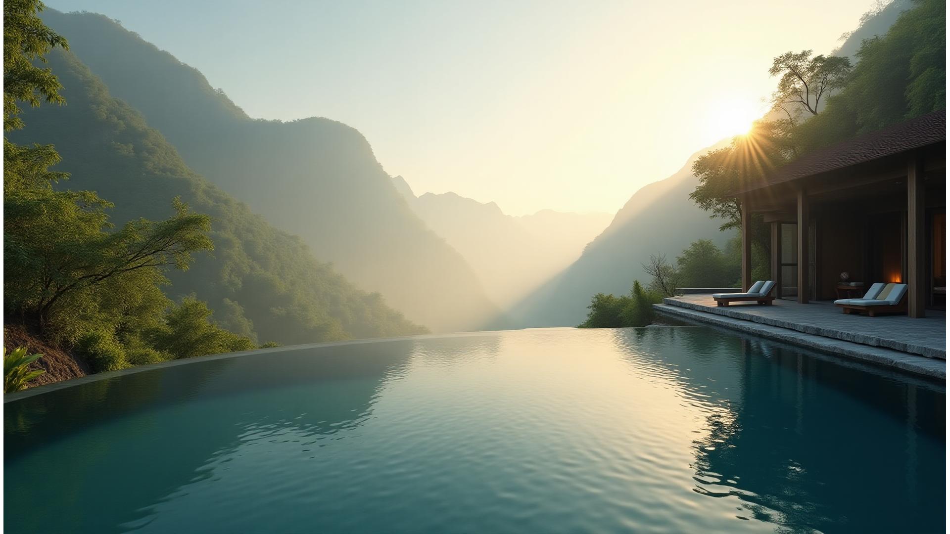 Panoramic view of a luxurious, serene wellness retreat nestled in a lush, green mountain landscape with a infinity pool overlooking a clear lake, early morning mist, subtle sunlight