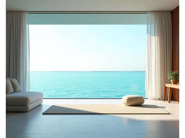 Elegant oceanfront suite with a private balcony overlooking a calm sea, featuring a dedicated space for morning yoga
