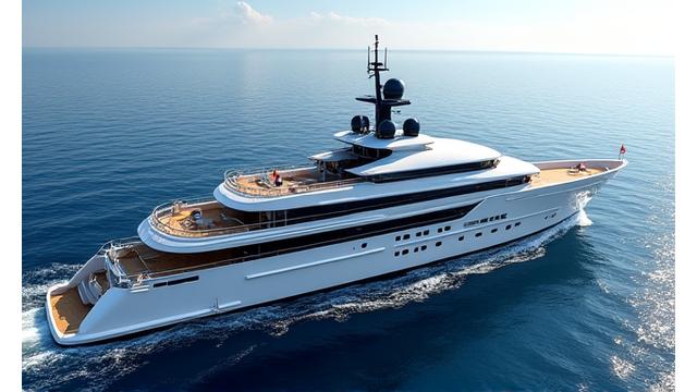 Grand 150-foot superyacht cruising open ocean with helipad visible.